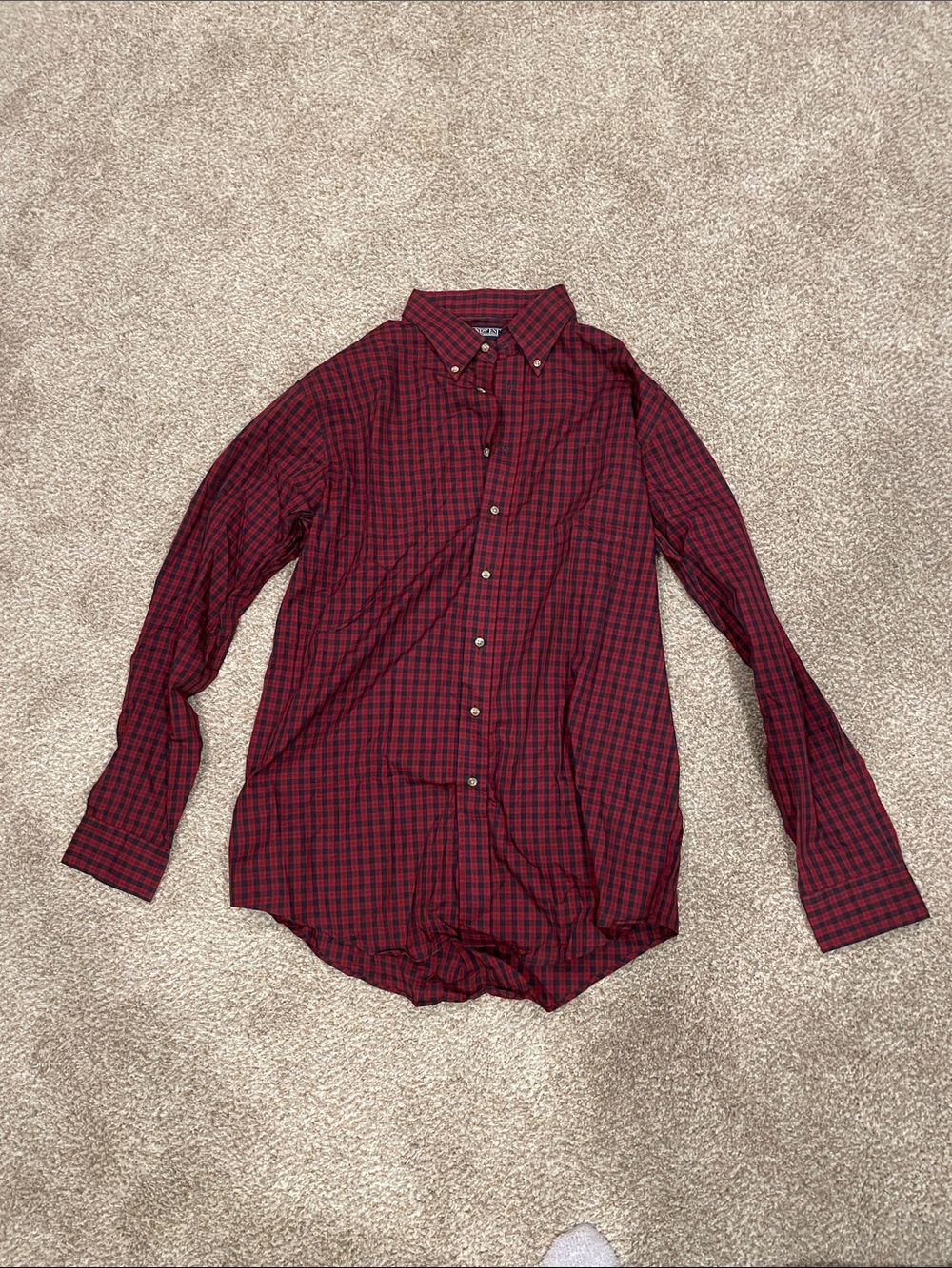 Lands' End Men's Red and Black Plaid Button-Down Shirt